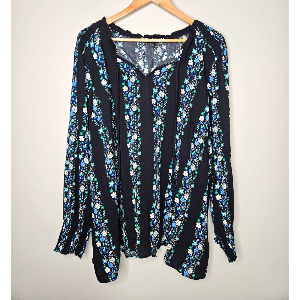 Talbots Blouse 3X Black Floral Peasant Puff Smocked Boho Tassels Feminine Flowy